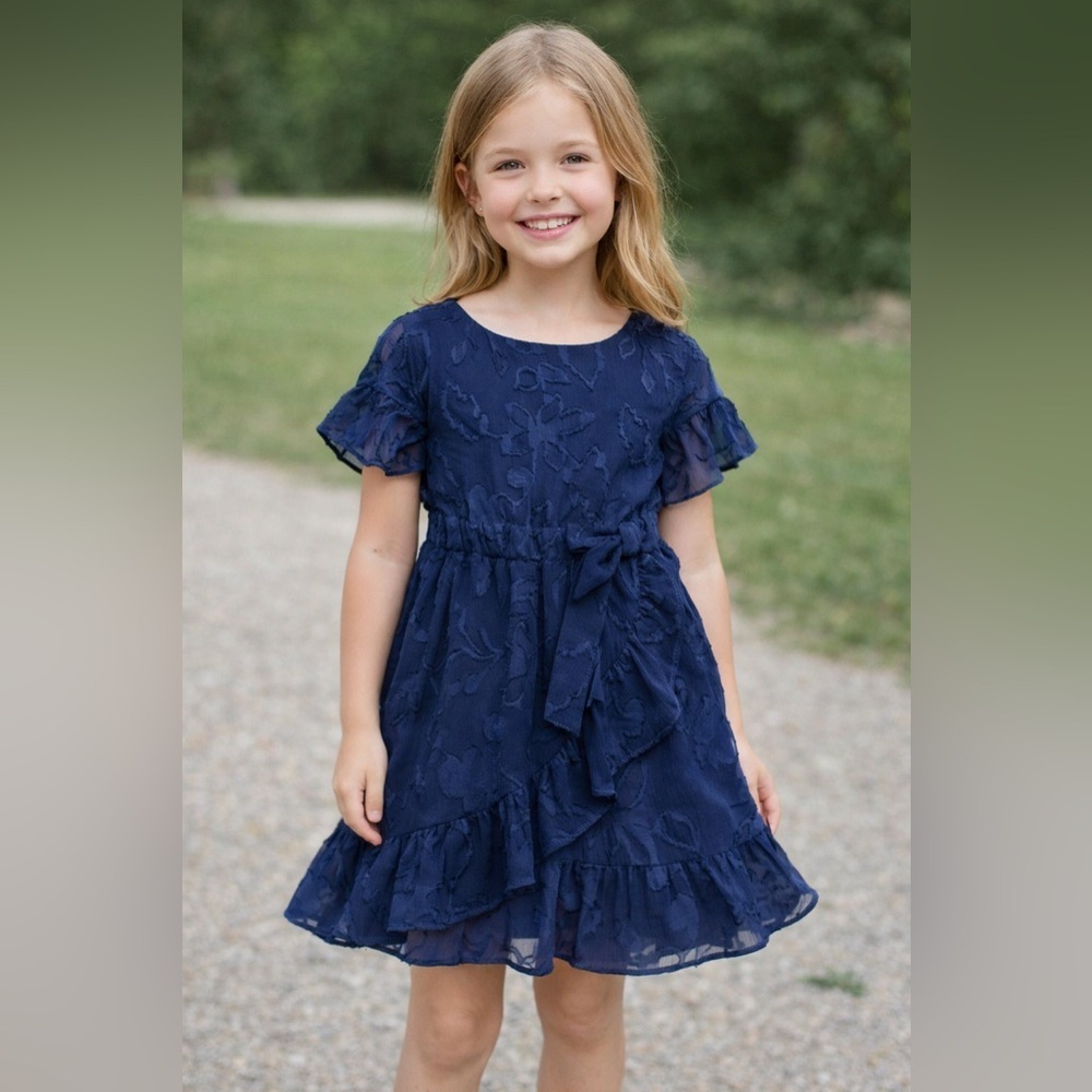 Lilly Pulitzer Girls Mini Darlah Dress True Navy Floral Clip Chiffon Ruffle Sz 4